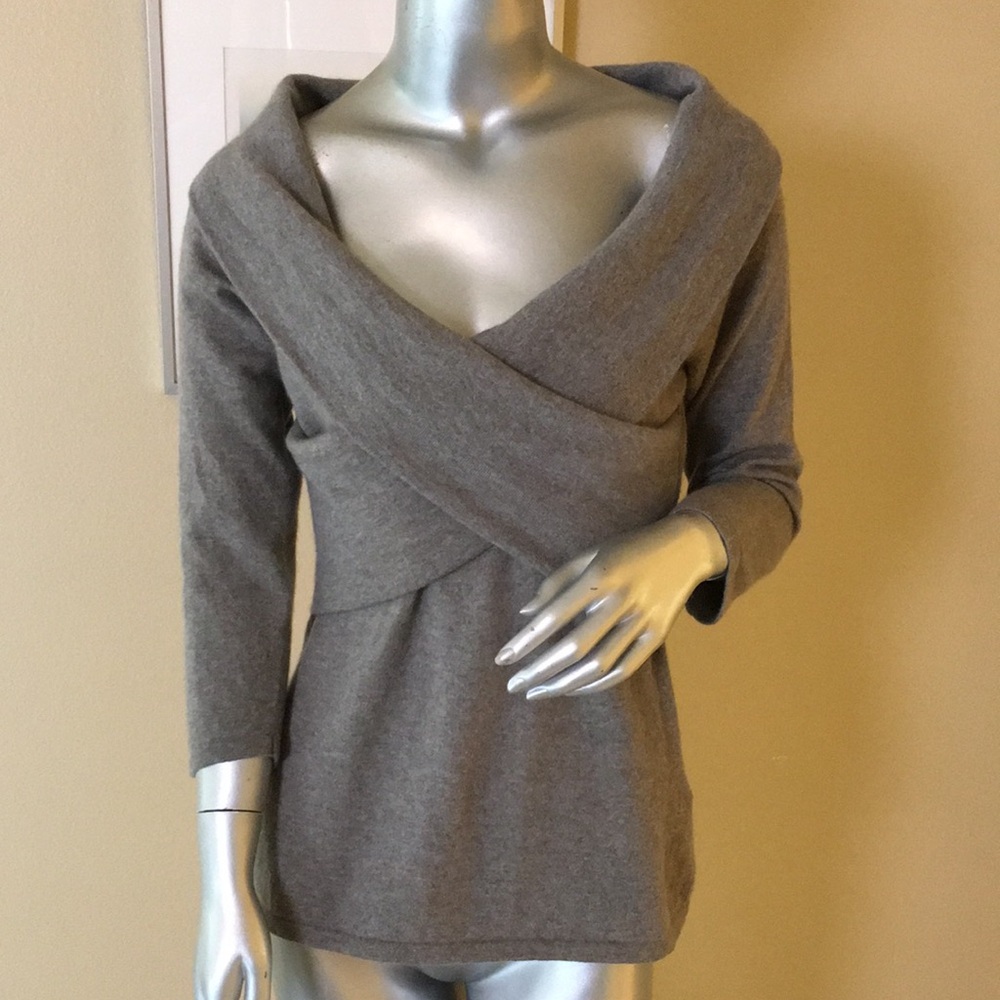 RALPH LAUREN BLACK LABEL | Cashmere Wrap Front Twist Off The Shoulder Sweater